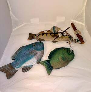 Vintage Hand Carved Wooden Fish on Stringer Wall Decor with Bobbers - Set of 3